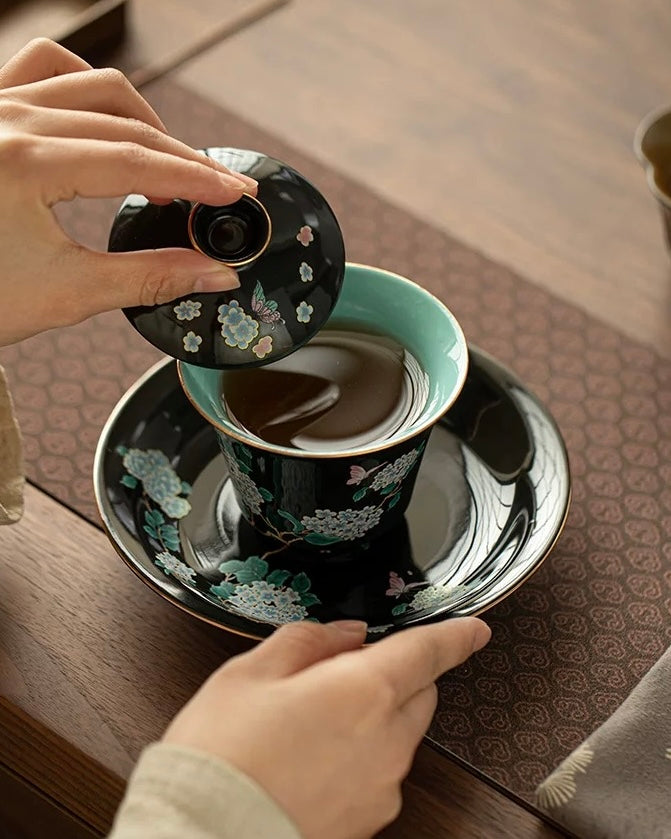 Black Glaze Midnight Hydrangea Sancai Gaiwan