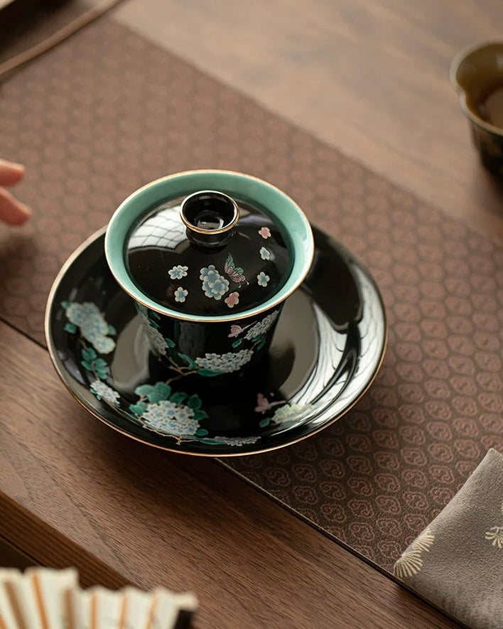 Black Glaze Midnight Hydrangea Sancai Gaiwan