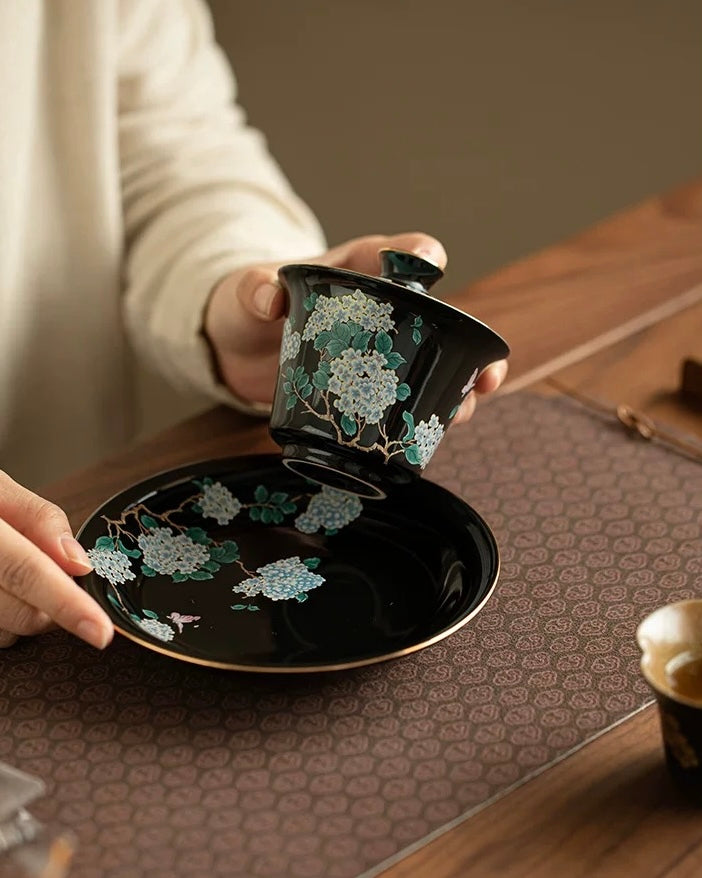 Black Glaze Midnight Hydrangea Sancai Gaiwan
