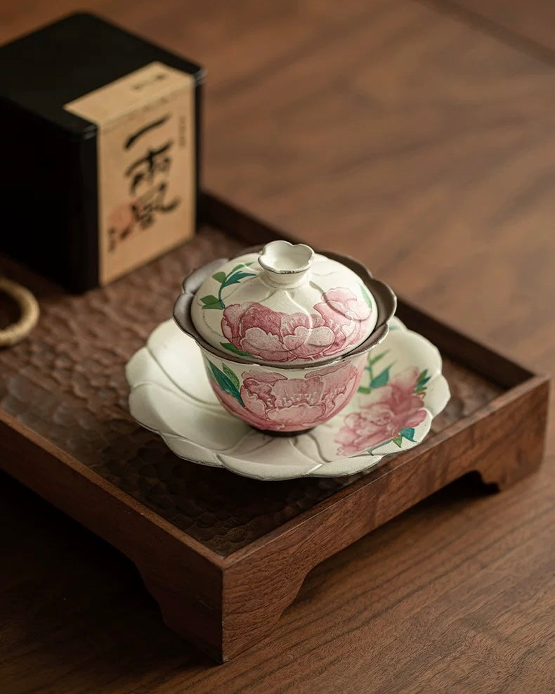 Aged Rock Clay Peony Tide Sancai Gaiwan
