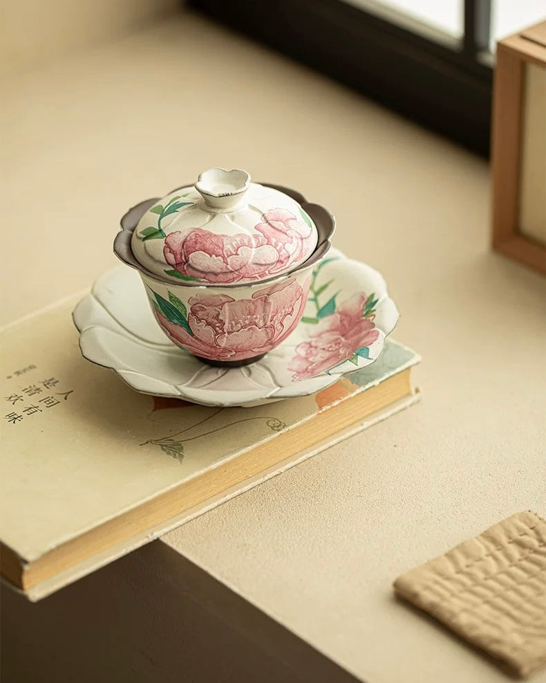 Aged Rock Clay Peony Tide Sancai Gaiwan