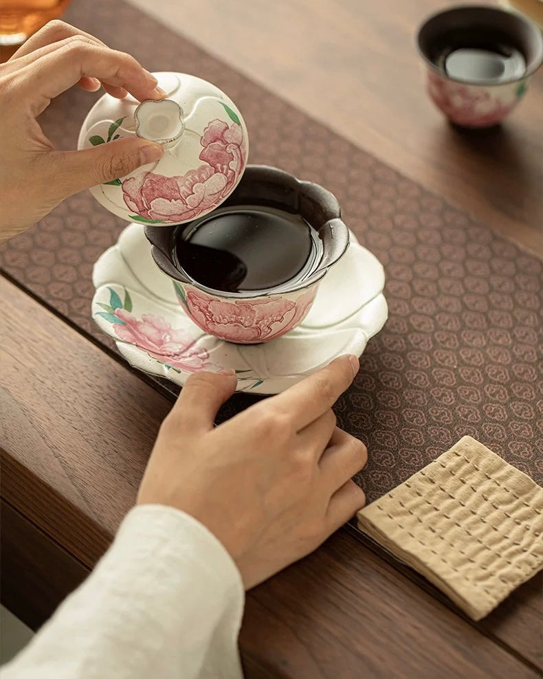 Aged Rock Clay Peony Tide Sancai Gaiwan