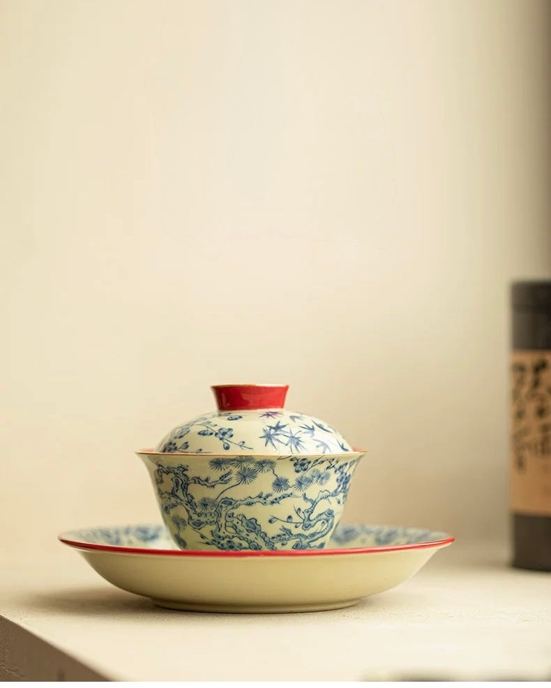 Palace Wall Red Three Friends of Winter Sancai Gaiwan