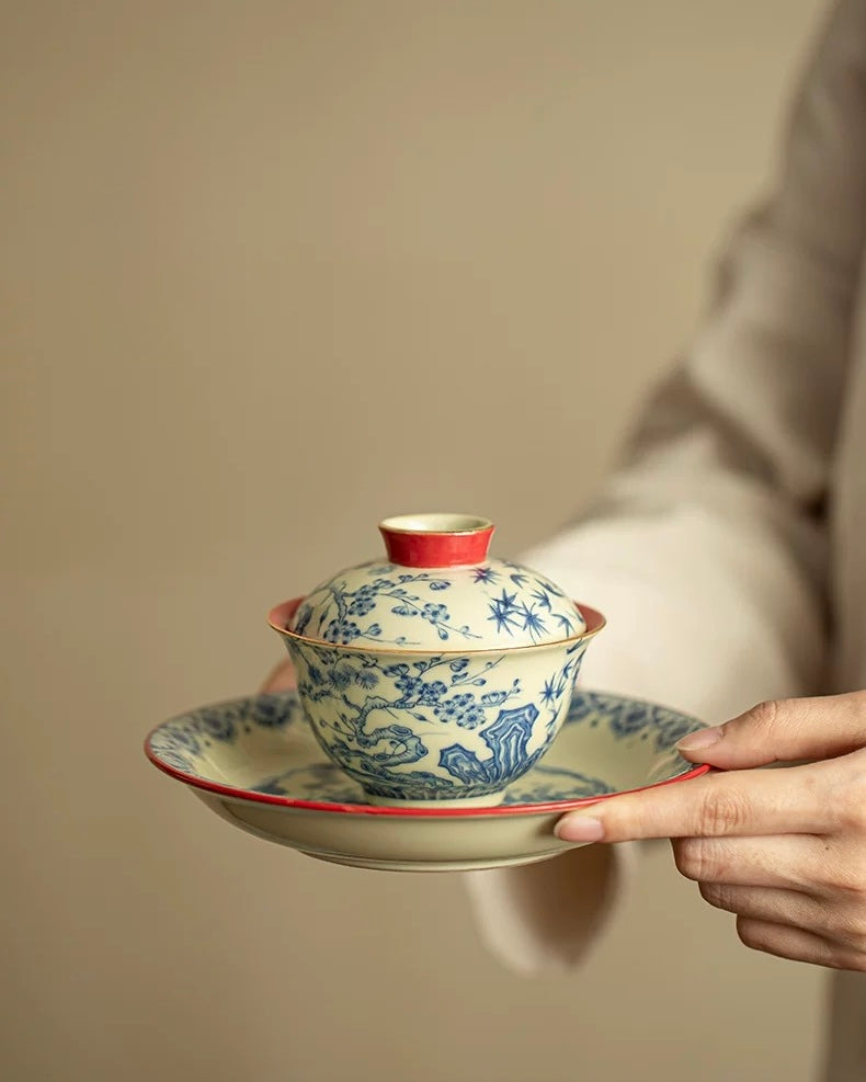 Palace Wall Red Three Friends of Winter Sancai Gaiwan