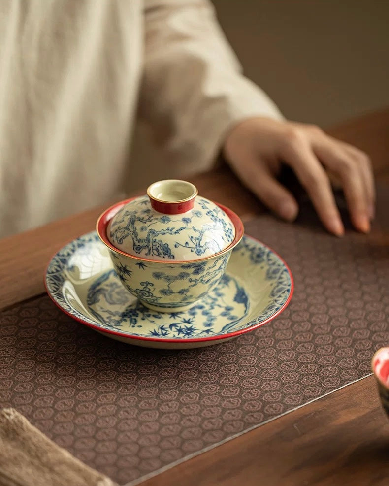 Palace Wall Red Three Friends of Winter Sancai Gaiwan