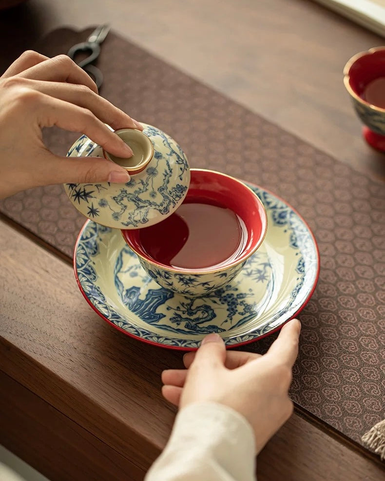 Palace Wall Red Three Friends of Winter Sancai Gaiwan