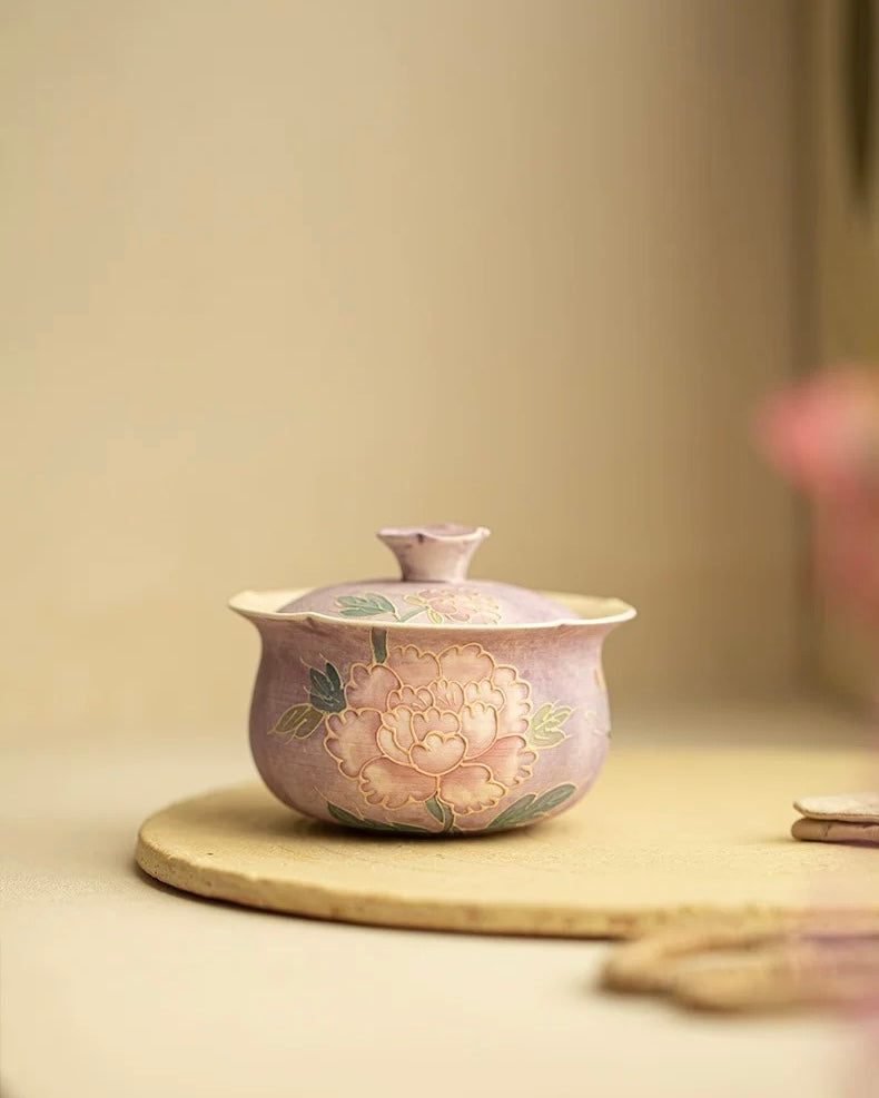 Relief-Sculpted Hand-Painted Purple Rhyme Peony Cloth-Bag Gaiwan