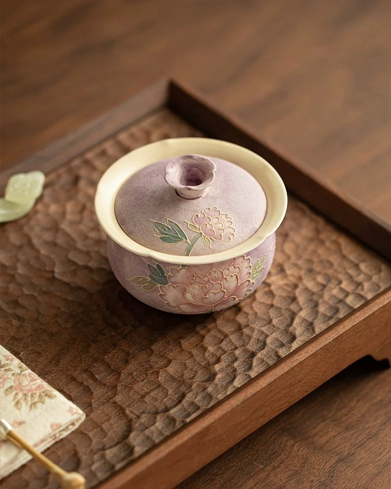 Relief-Sculpted Hand-Painted Purple Rhyme Peony Cloth-Bag Gaiwan