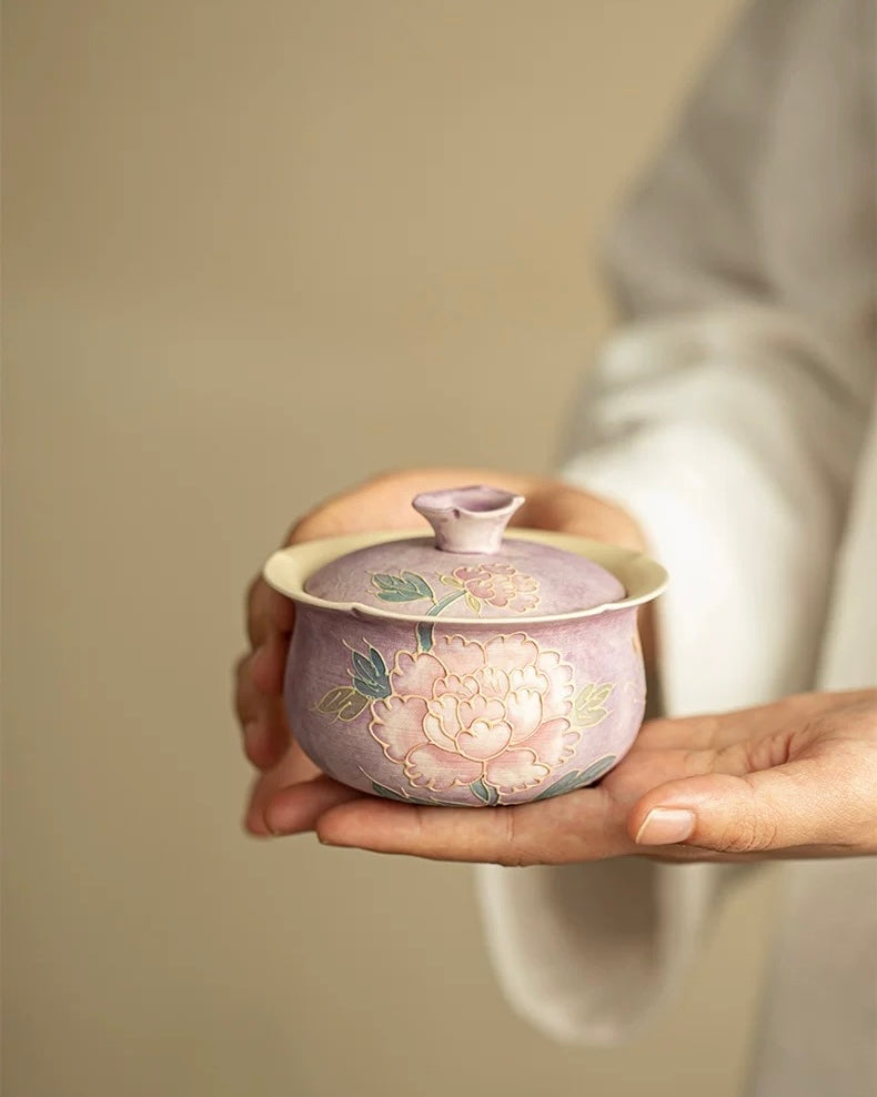 Relief-Sculpted Hand-Painted Purple Rhyme Peony Cloth-Bag Gaiwan