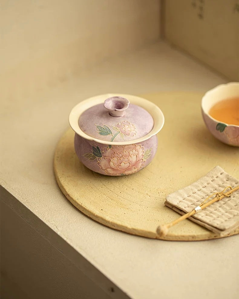 Relief-Sculpted Hand-Painted Purple Rhyme Peony Cloth-Bag Gaiwan