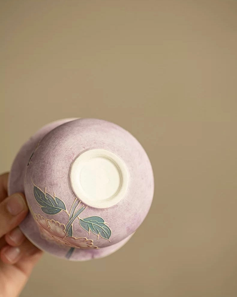 Relief-Sculpted Hand-Painted Purple Rhyme Peony Cloth-Bag Gaiwan