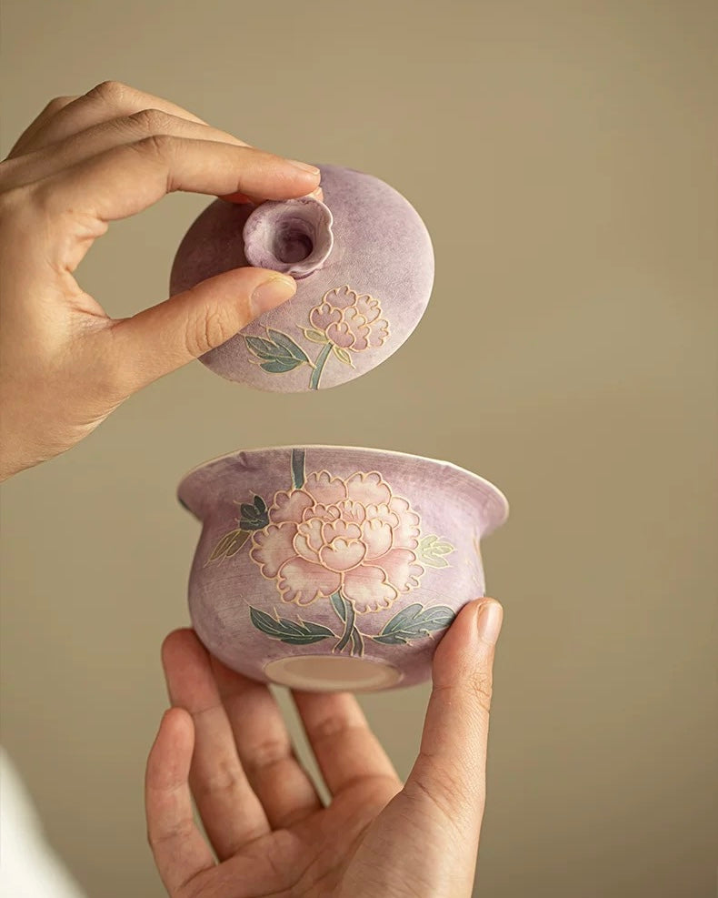 Relief-Sculpted Hand-Painted Purple Rhyme Peony Cloth-Bag Gaiwan