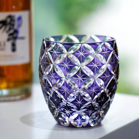 Edo Kiriko Handcrafted Violet Shippo Whisky Glass With Wooden Box