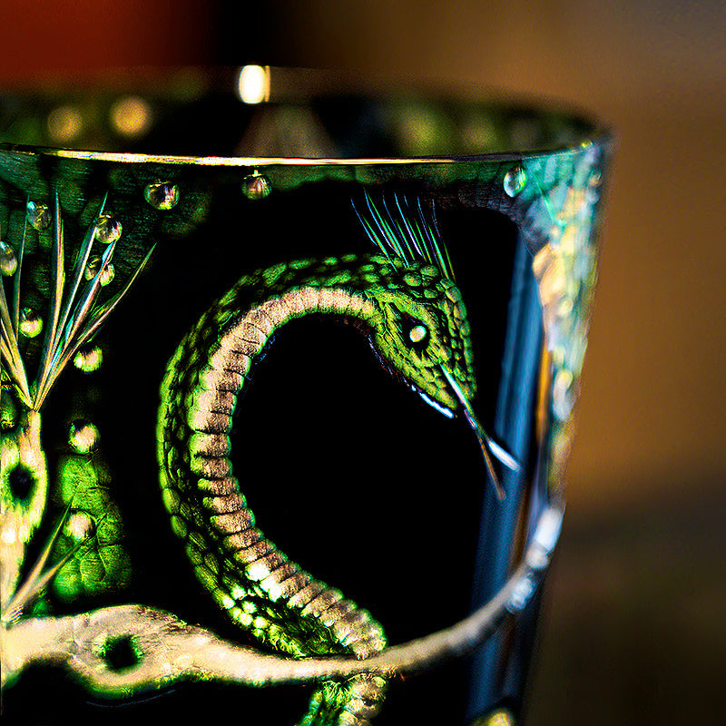 Edo Kiriko Handcrafted Green Serpent Whisky Glass With Wooden Box