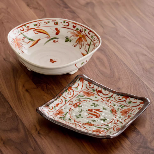 Mino Ware Akae Red Blossom Butterfly Dish Collection