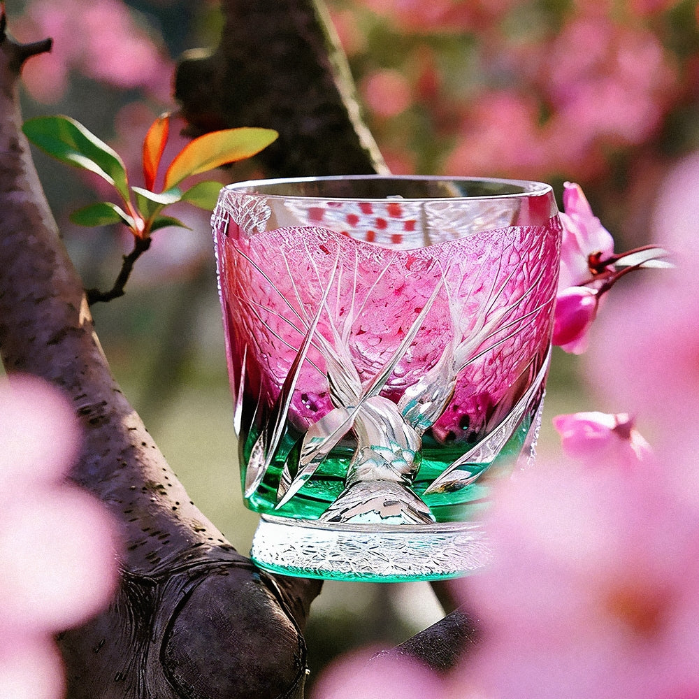 Edo Kiriko Handcrafted Sakura Nami Whisky Glass With Wooden Box