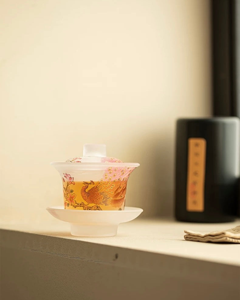 Pink Frosted Luminous Peacock Glass Sancai Gaiwan