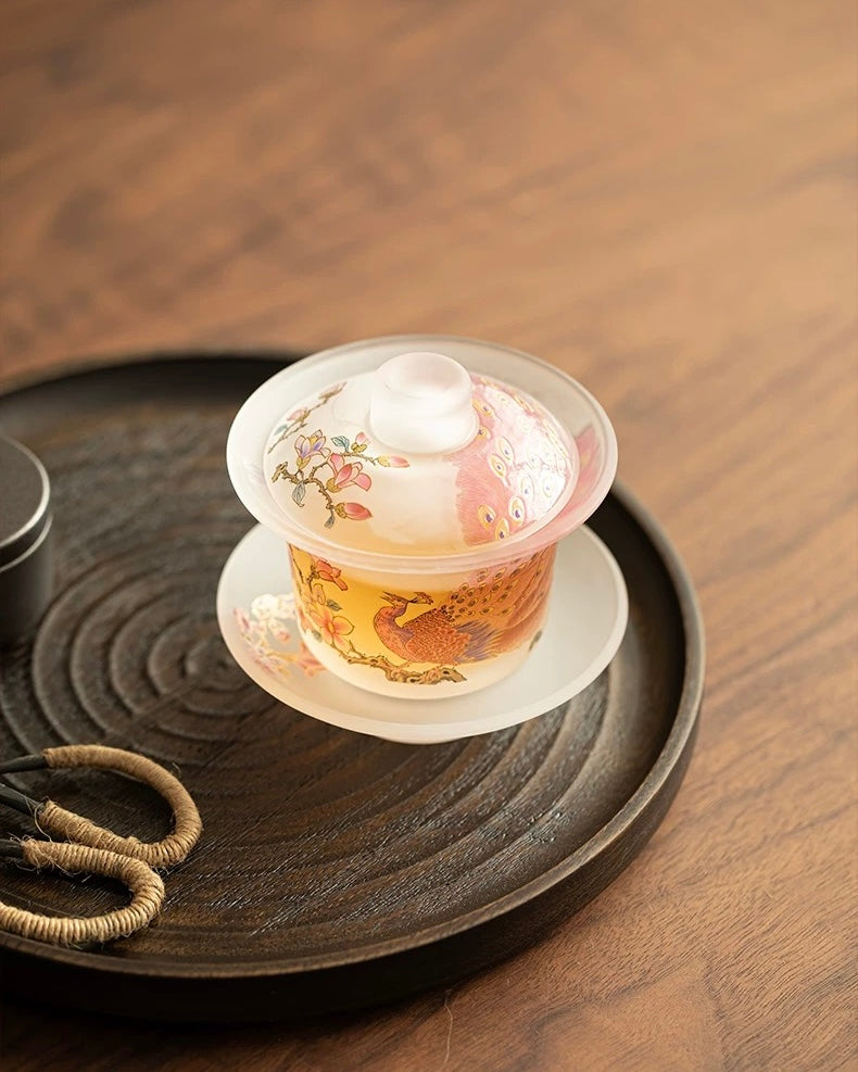 Pink Frosted Luminous Peacock Glass Sancai Gaiwan