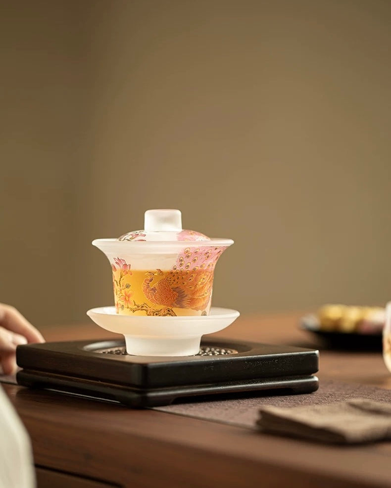 Pink Frosted Luminous Peacock Glass Sancai Gaiwan