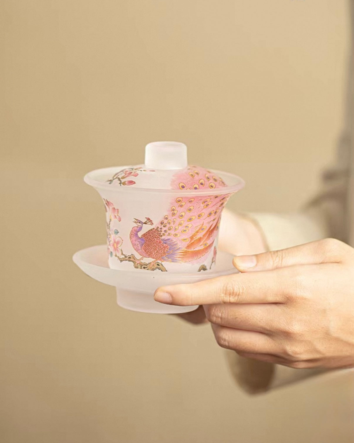 Pink Frosted Luminous Peacock Glass Sancai Gaiwan