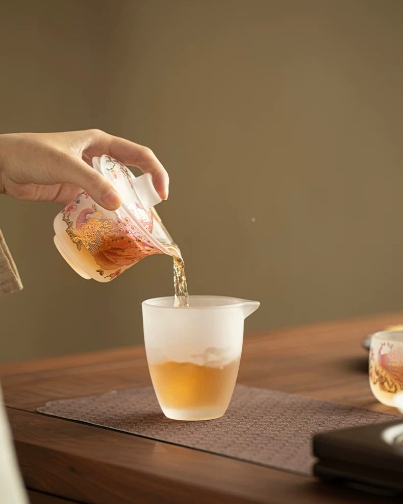Pink Frosted Luminous Peacock Glass Sancai Gaiwan