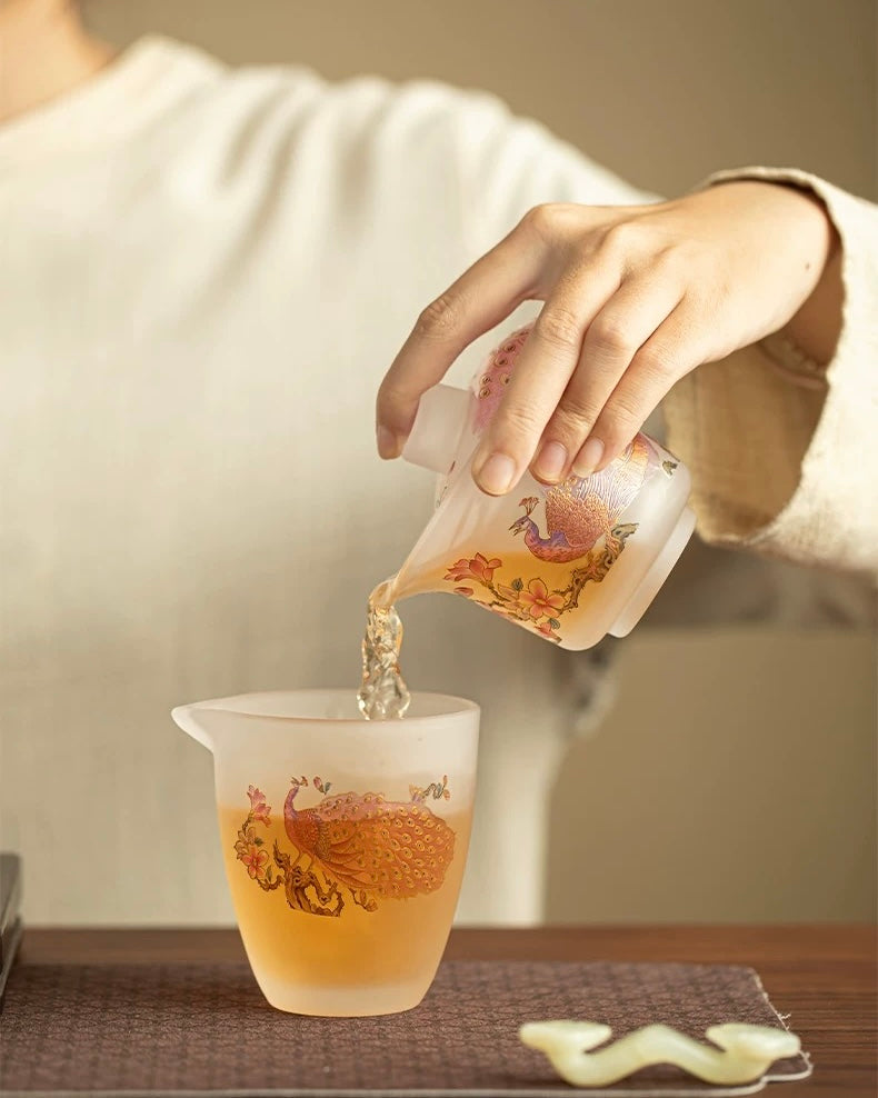 Pink Frosted Luminous Peacock Glass Sancai Gaiwan