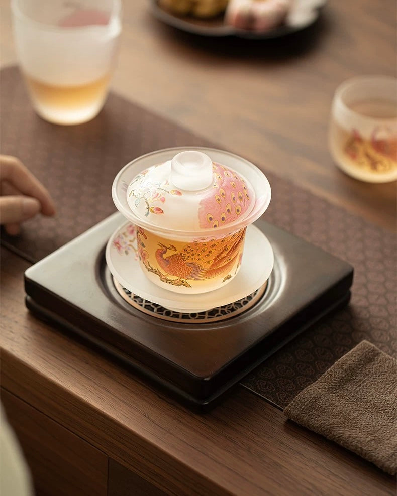 Pink Frosted Luminous Peacock Glass Sancai Gaiwan