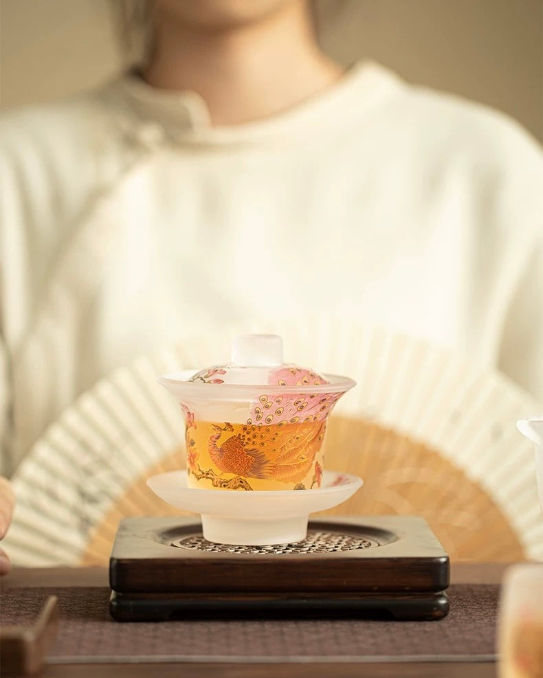 Pink Frosted Luminous Peacock Glass Sancai Gaiwan