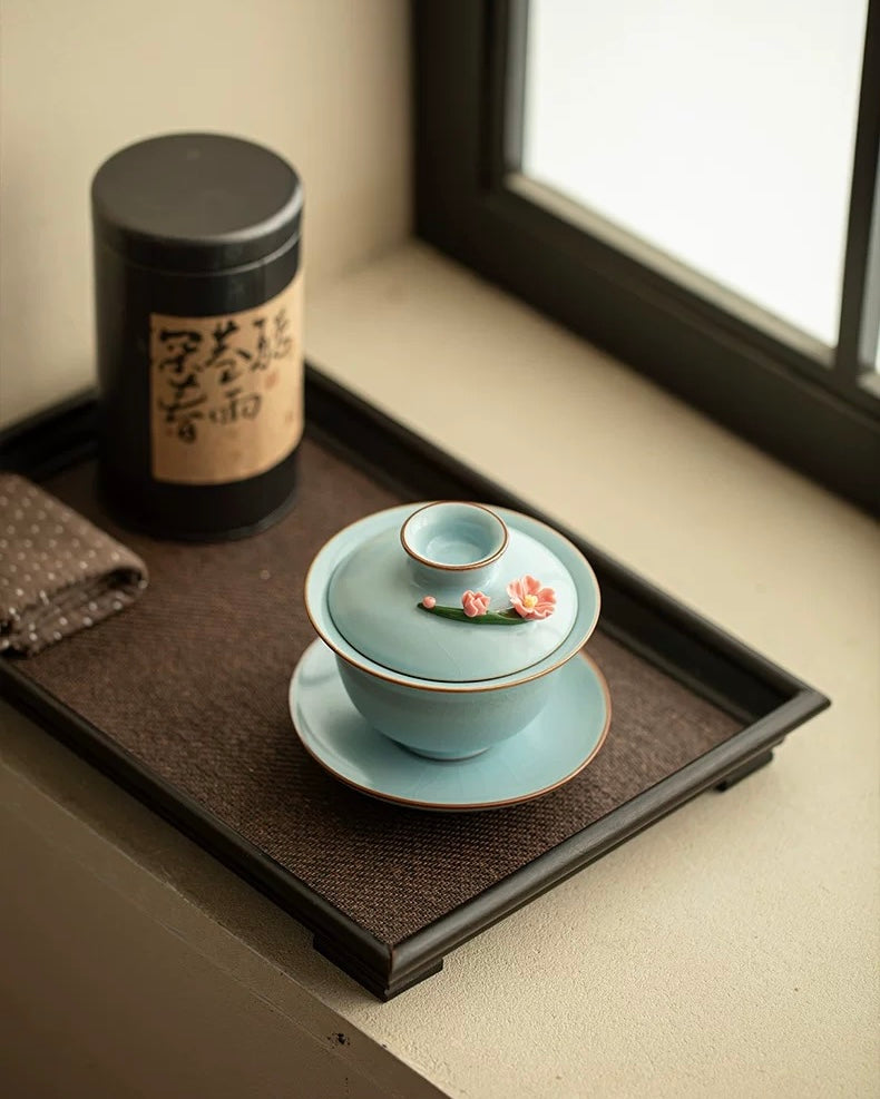 Hand-Sculpted Azure Petals Ru Ware Floating Sancai Gaiwan