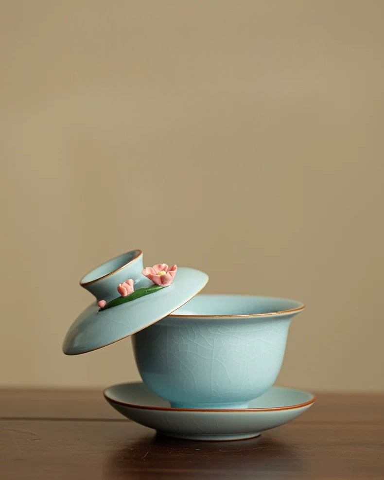 Hand-Sculpted Azure Petals Ru Ware Floating Sancai Gaiwan