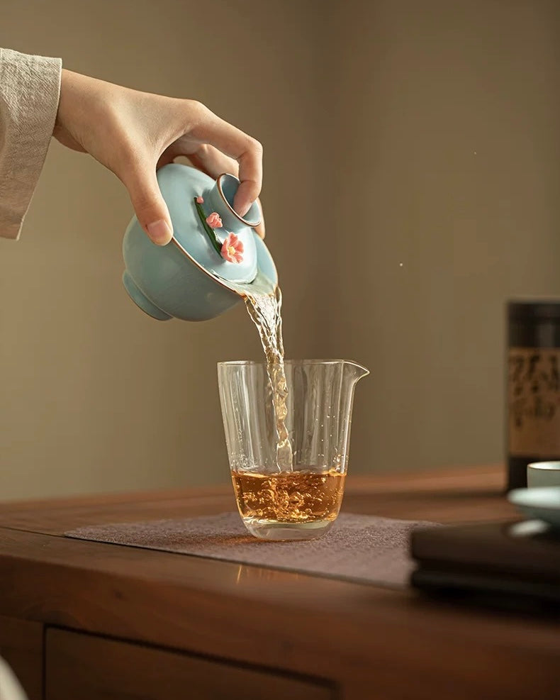 Hand-Sculpted Azure Petals Ru Ware Floating Sancai Gaiwan