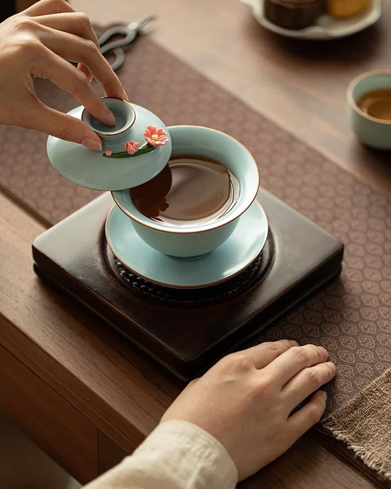 Hand-Sculpted Azure Petals Ru Ware Floating Sancai Gaiwan