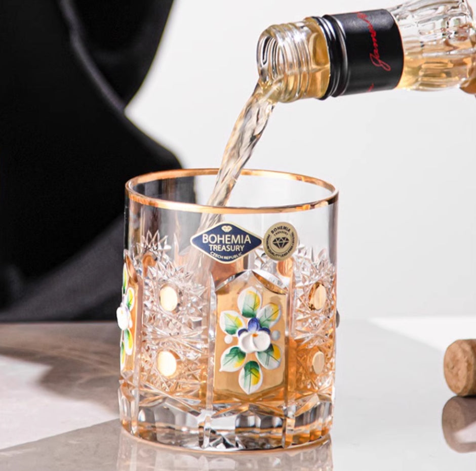 Bohemia Hand-engraved Enamel and Gold-painted Whiskey Glasses