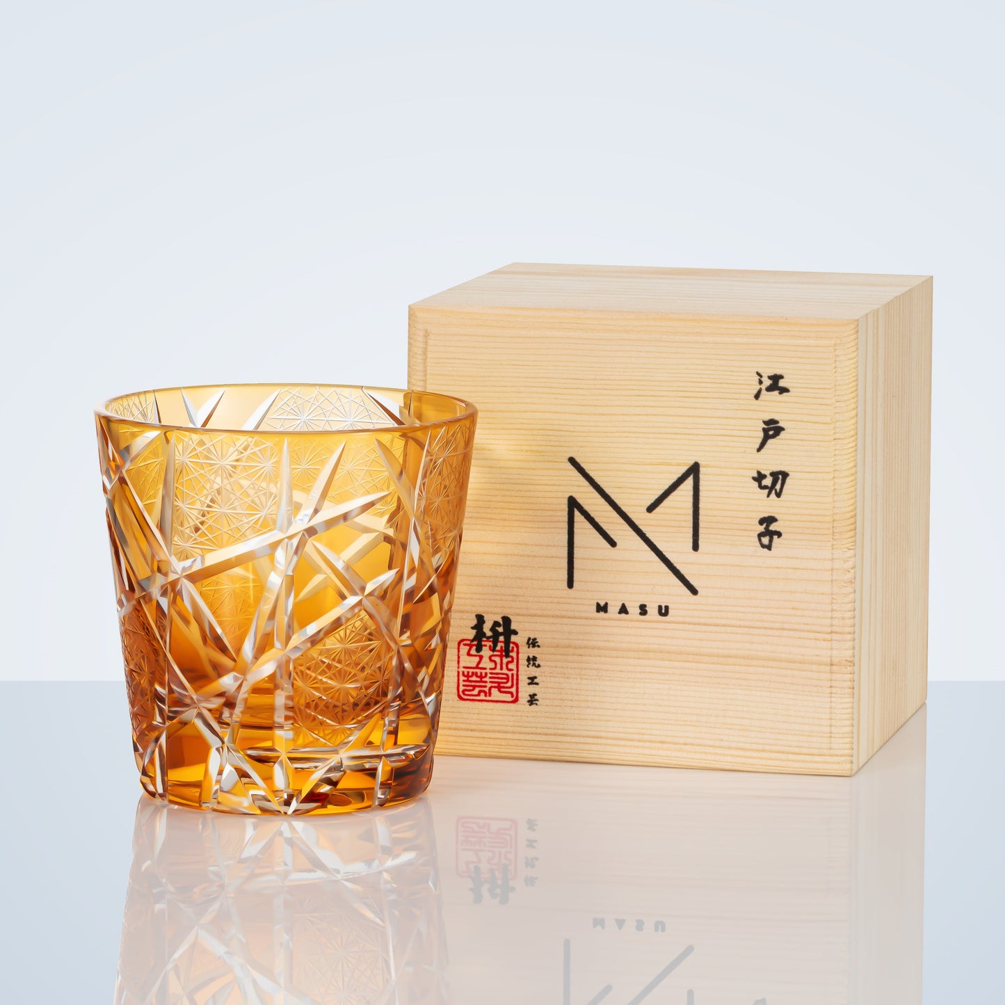 Edo Kiriko Handcrafted Amber Crane Lightning Whisky Glass With Wooden Box