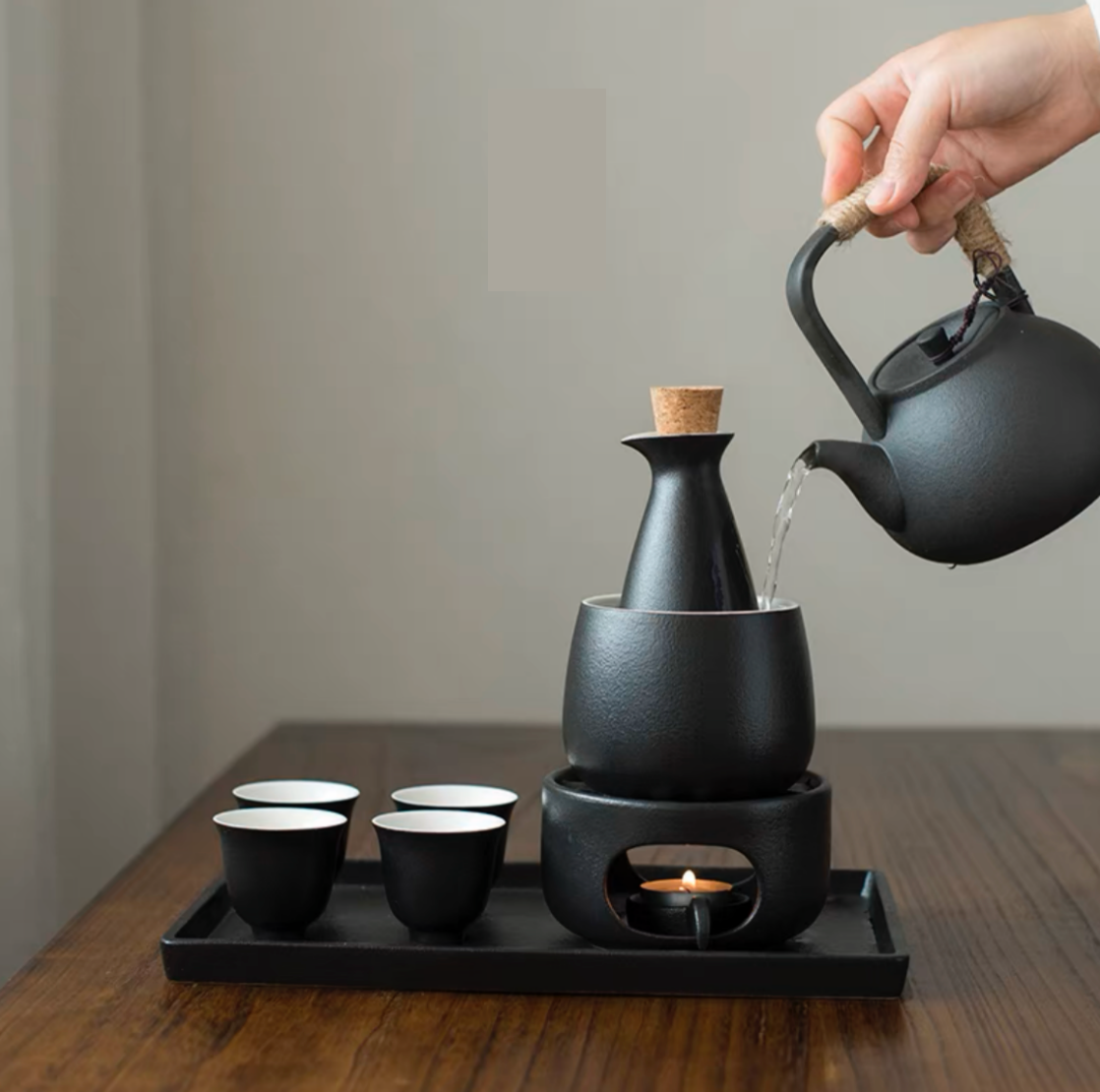 Authentic Japanese Sake Set: Tokkuri. Warmer. Serving Tray. Cups - Personalized Engraving Available