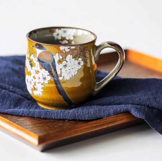 Authentic Kutani Yaki Mug: Yellow Glaze. Floral Bird Motif