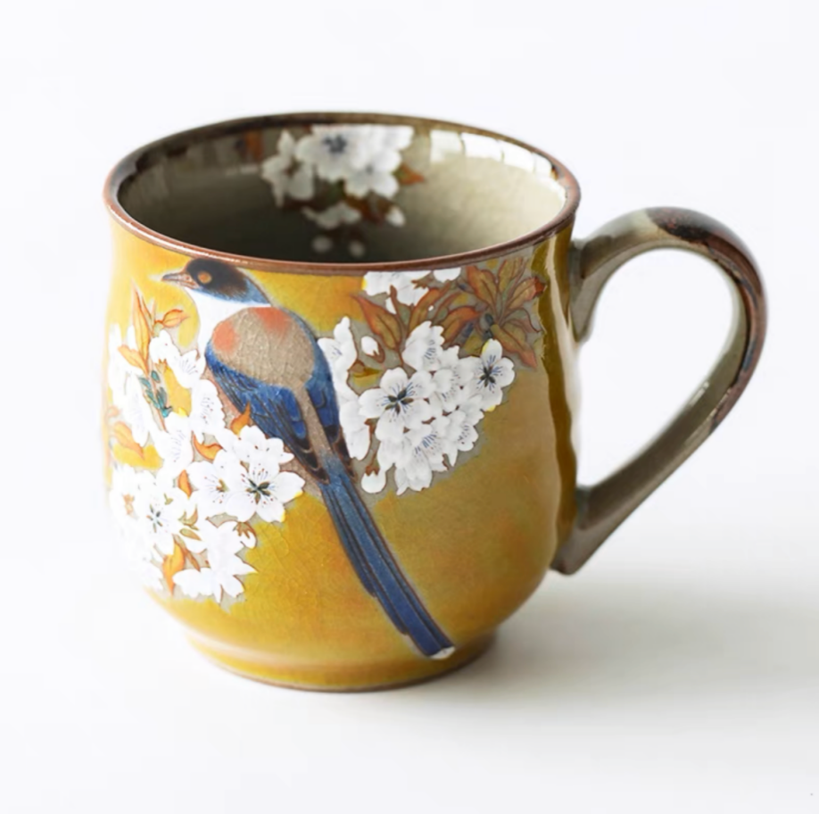 Authentic Kutani Yaki Mug: Yellow Glaze. Floral Bird Motif