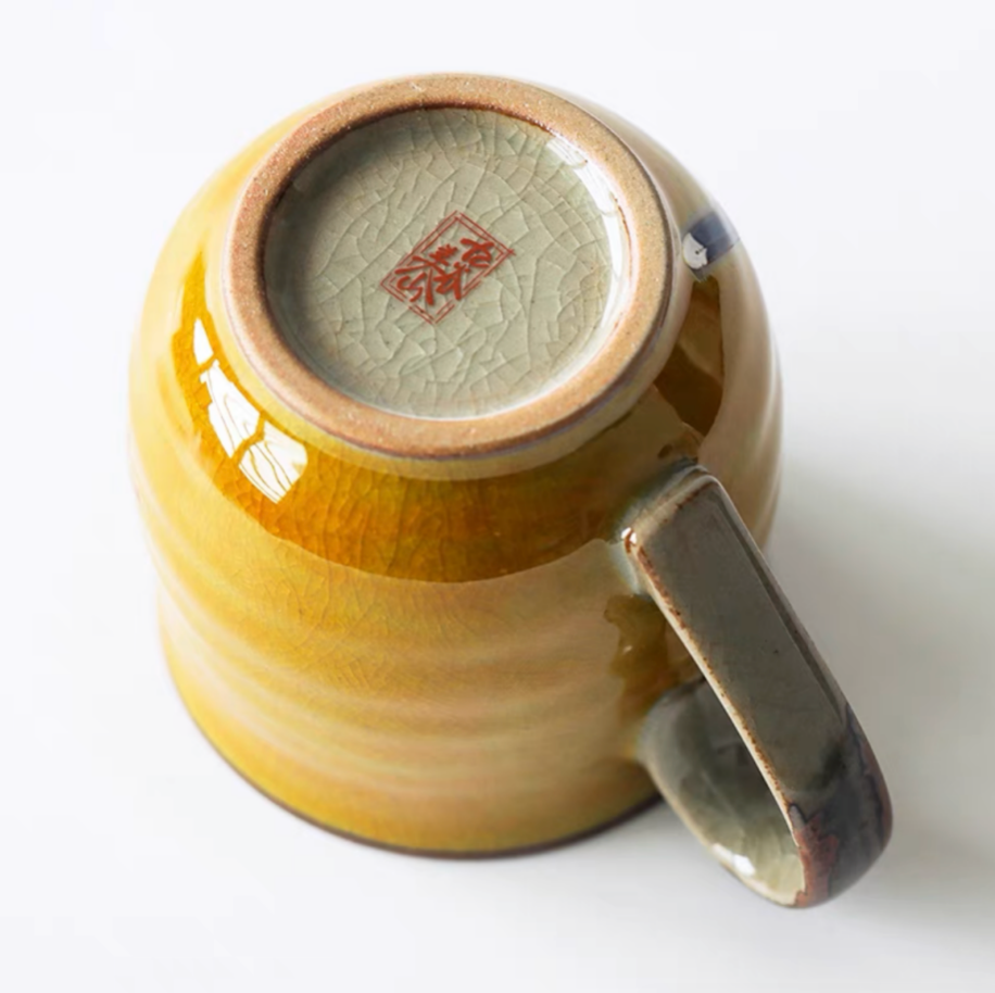 Authentic Kutani Yaki Mug: Yellow Glaze. Floral Bird Motif