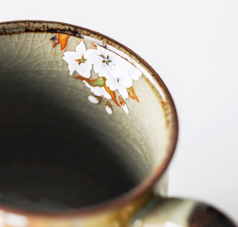 Authentic Kutani Yaki Mug: Yellow Glaze. Floral Bird Motif