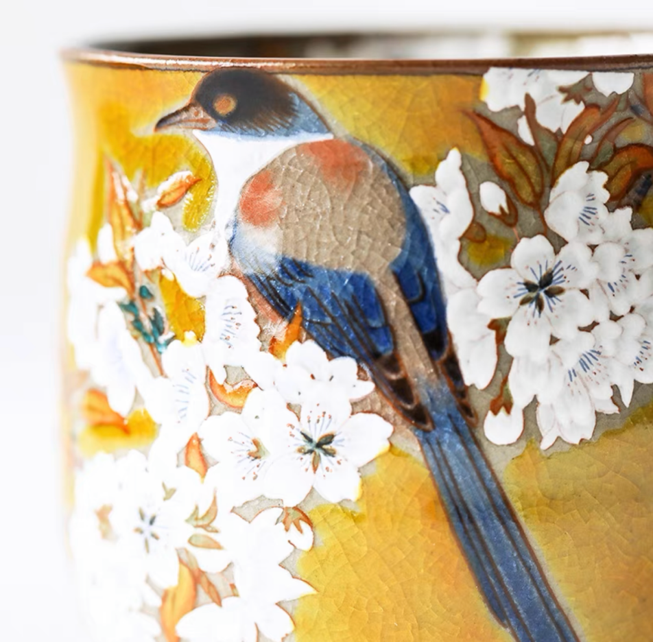 Authentic Kutani Yaki Mug: Yellow Glaze. Floral Bird Motif