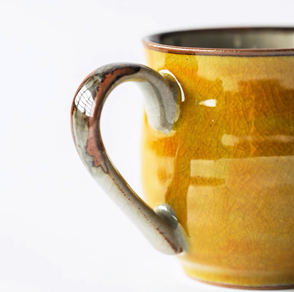 Authentic Kutani Yaki Mug: Yellow Glaze. Floral Bird Motif