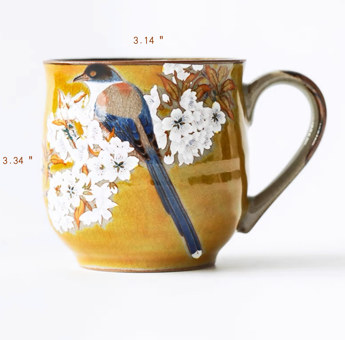 Authentic Kutani Yaki Mug: Yellow Glaze. Floral Bird Motif