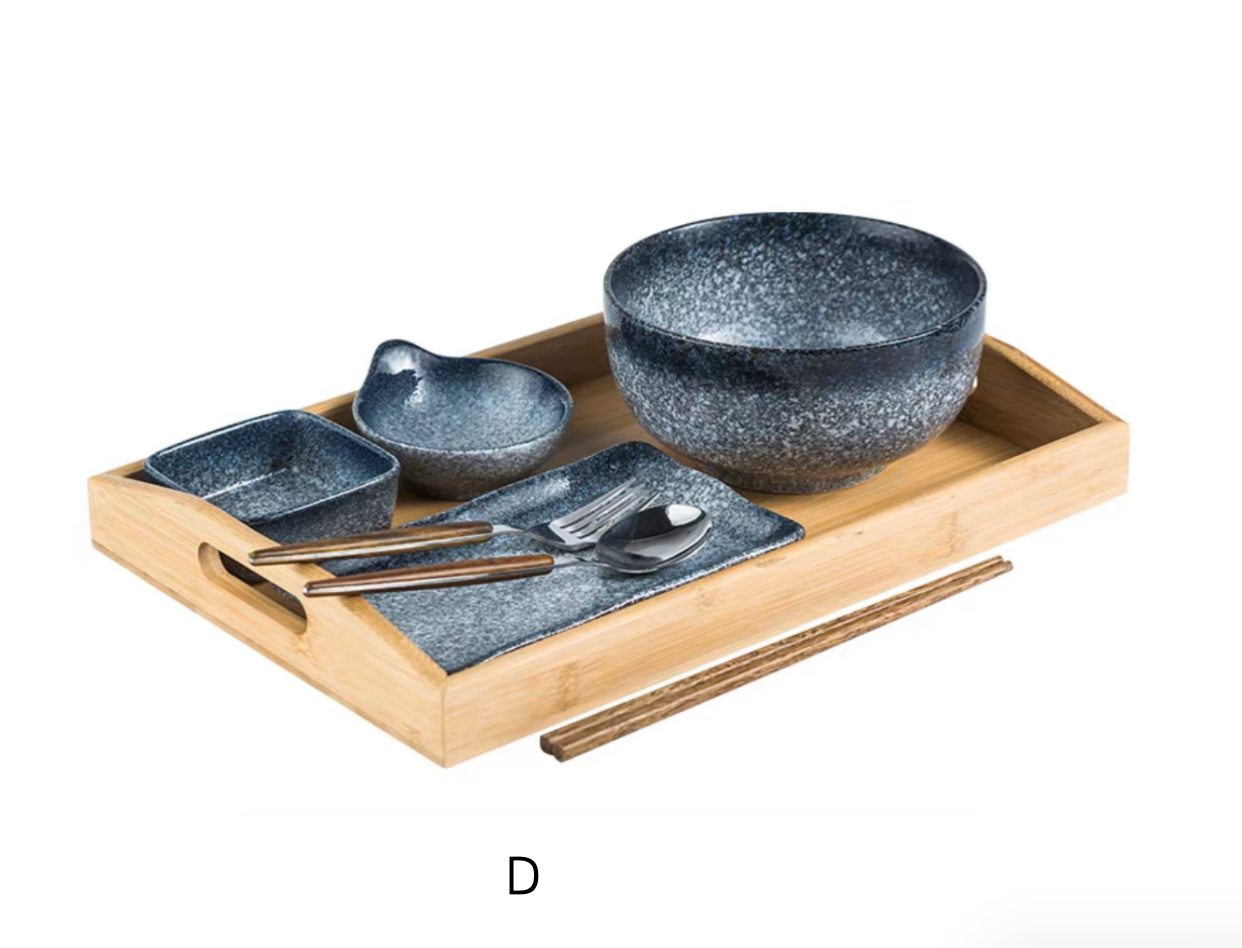 Handmade Japanese Ramen Bowl Set: Noodle Bowl. Serving Dishes. Utensils & Tray