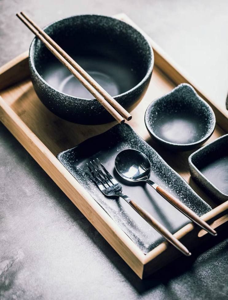 Handmade Japanese Ramen Bowl Set: Noodle Bowl. Serving Dishes. Utensils & Tray