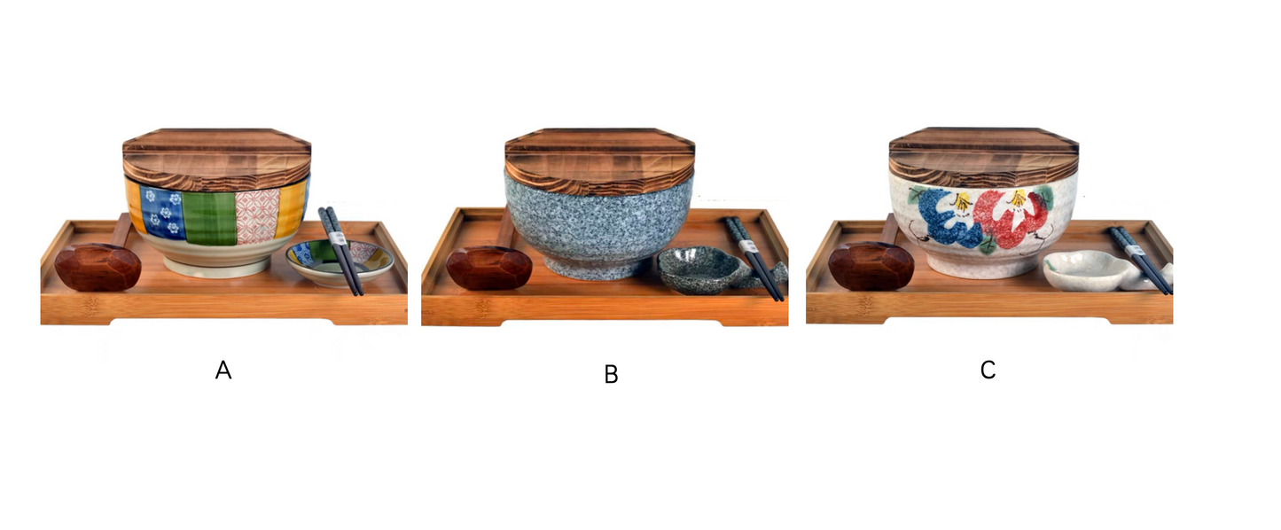 Handmade Japanese Ramen Bowl Set: Large Soup Spoon. Chopsticks. Rest & Bamboo Tray