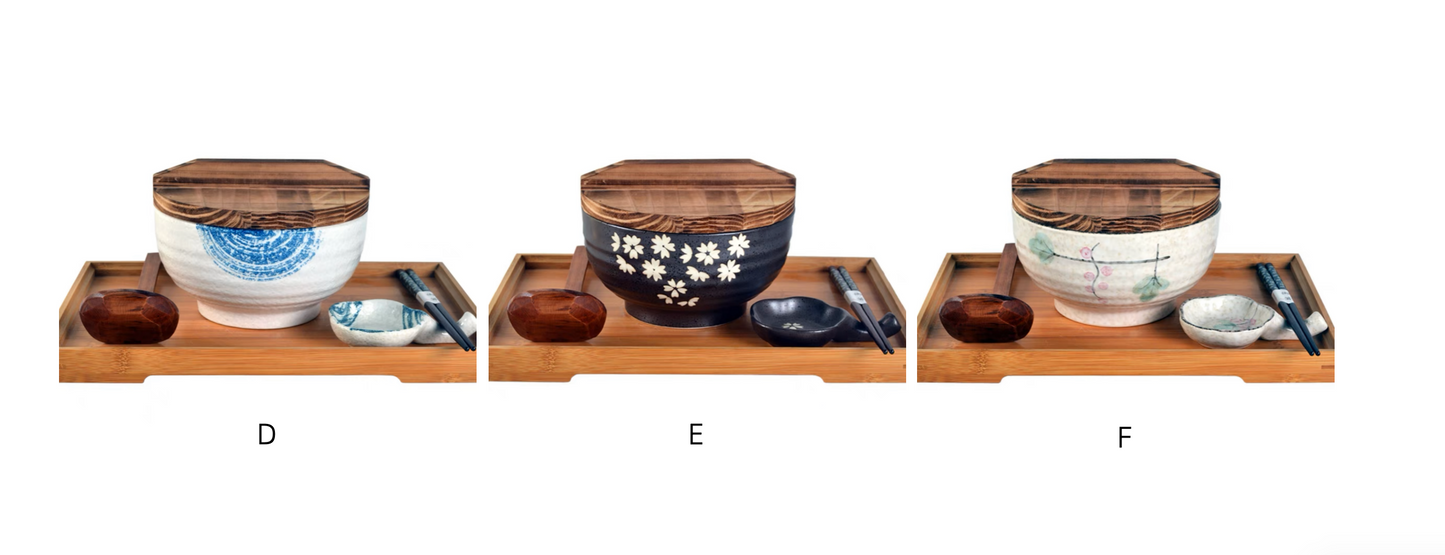 Handmade Japanese Ramen Bowl Set: Large Soup Spoon. Chopsticks. Rest & Bamboo Tray