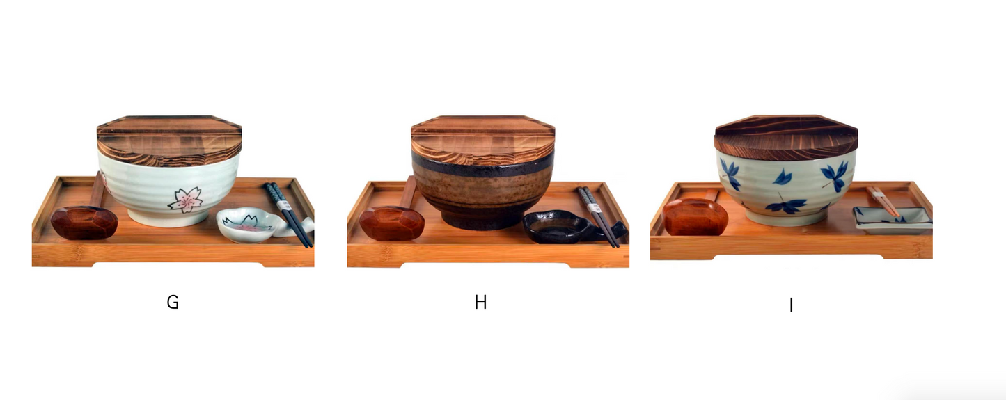 Handmade Japanese Ramen Bowl Set: Large Soup Spoon. Chopsticks. Rest & Bamboo Tray