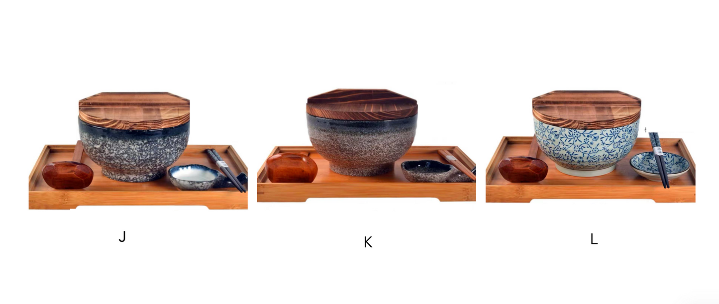 Handmade Japanese Ramen Bowl Set: Large Soup Spoon. Chopsticks. Rest & Bamboo Tray