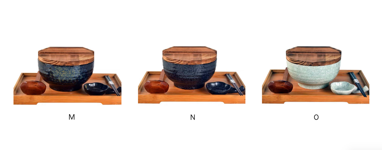 Handmade Japanese Ramen Bowl Set: Large Soup Spoon. Chopsticks. Rest & Bamboo Tray