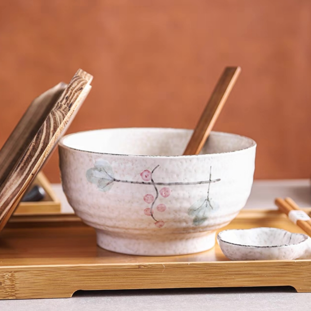 Handmade Japanese Ramen Bowl Set: Large Soup Spoon. Chopsticks. Rest & Bamboo Tray